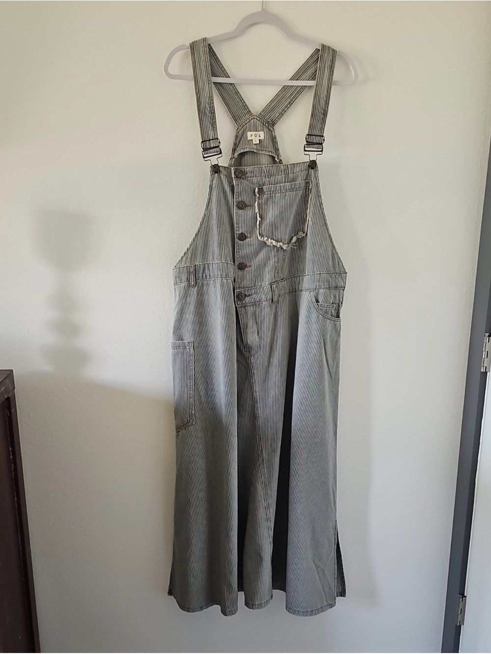 POL Women’s Striped jean Overalls Dress -